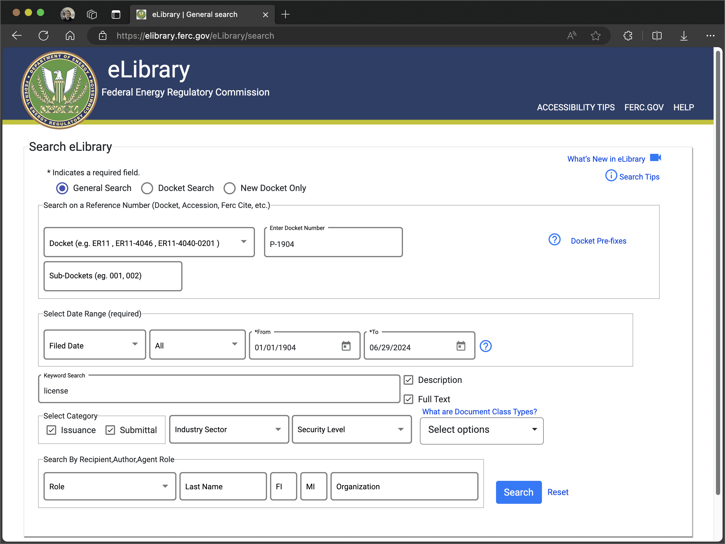 The FERC eLibrary Search Page