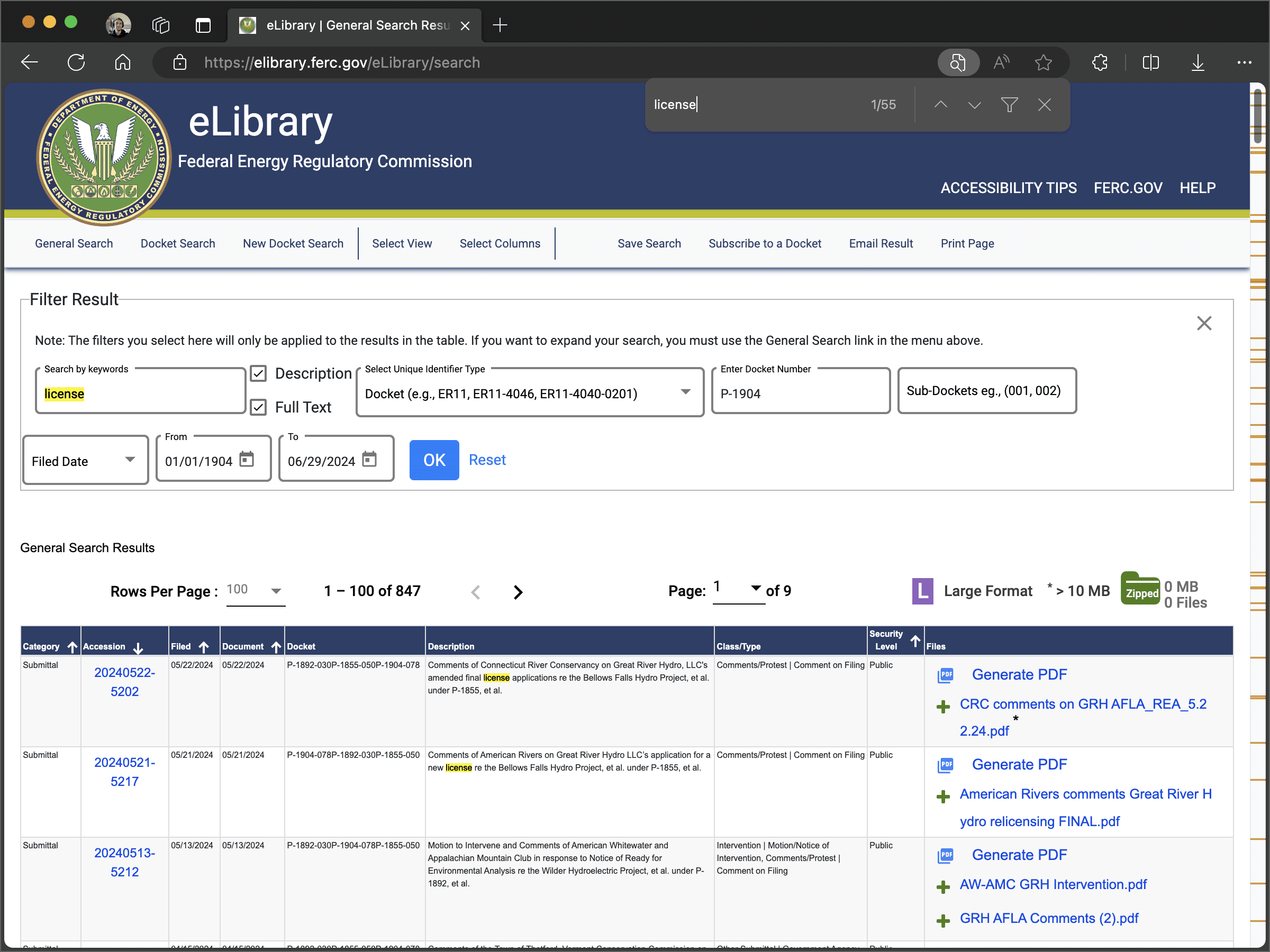 The FERC eLibrary Results Table Page