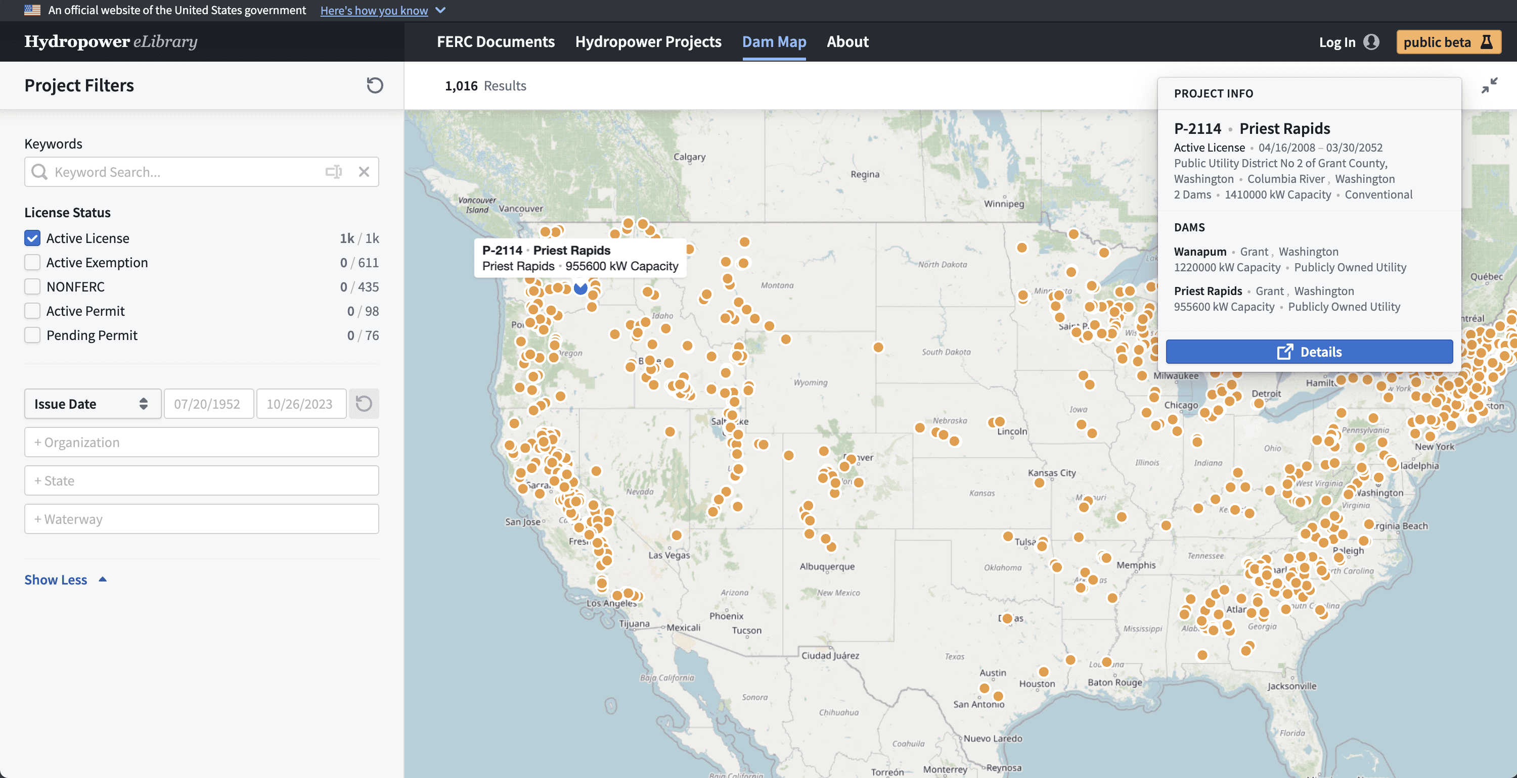 A screenshot of the Iteration 3 Dam Map Page