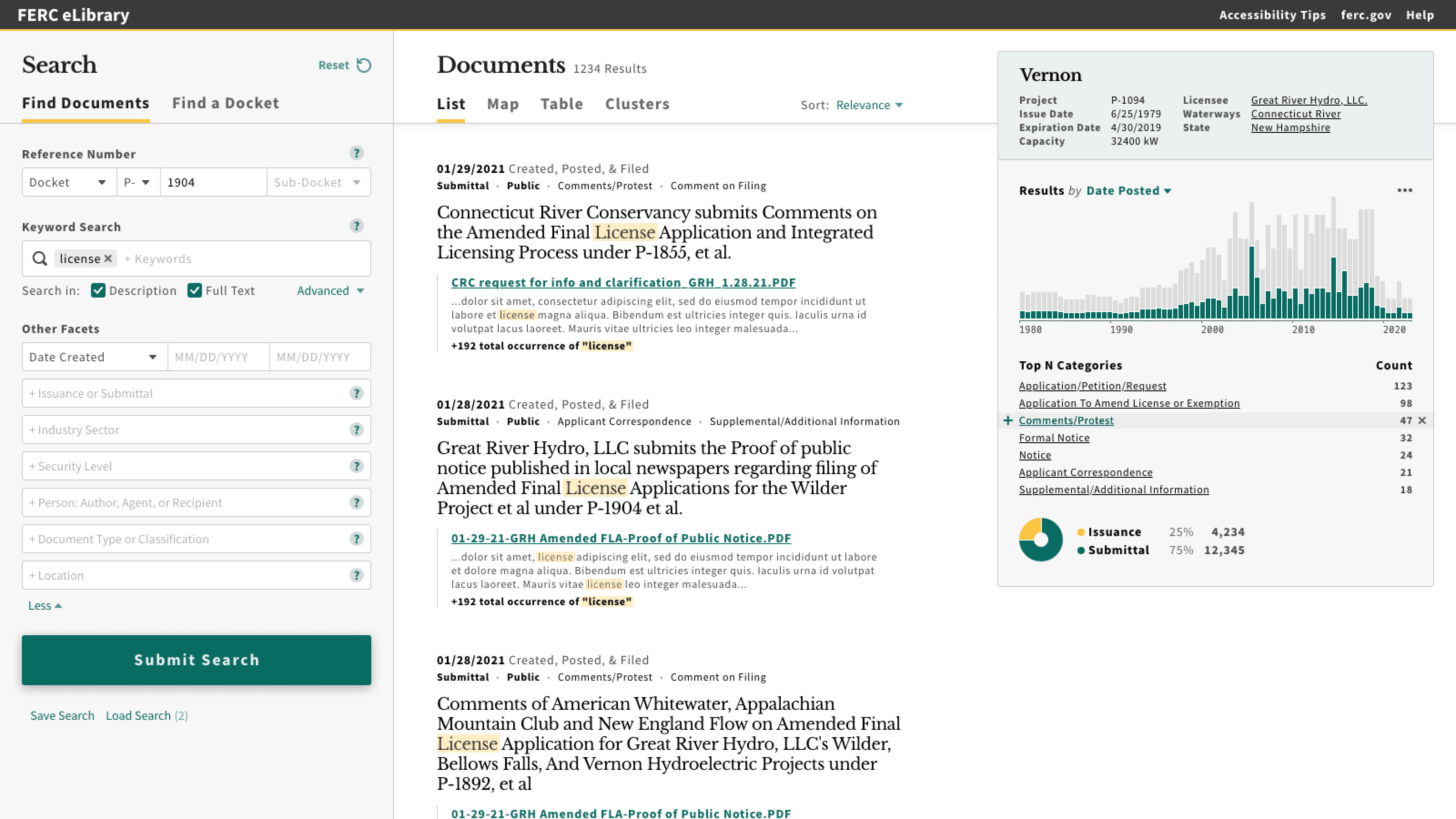 Iteration 1 mockups showing the Document search page with results and graphs