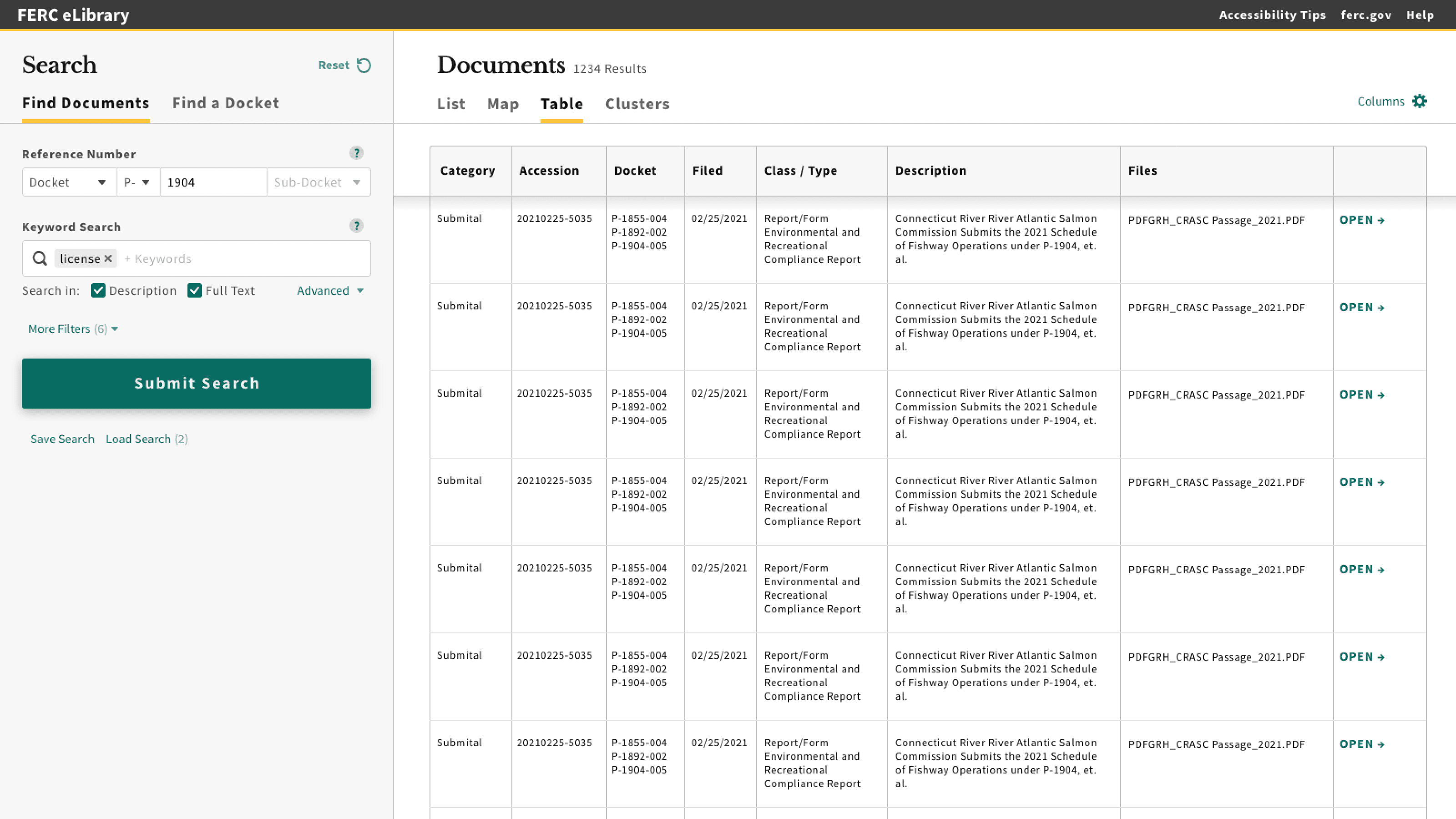 Iteration 1 mockups showing the Document search page as a table