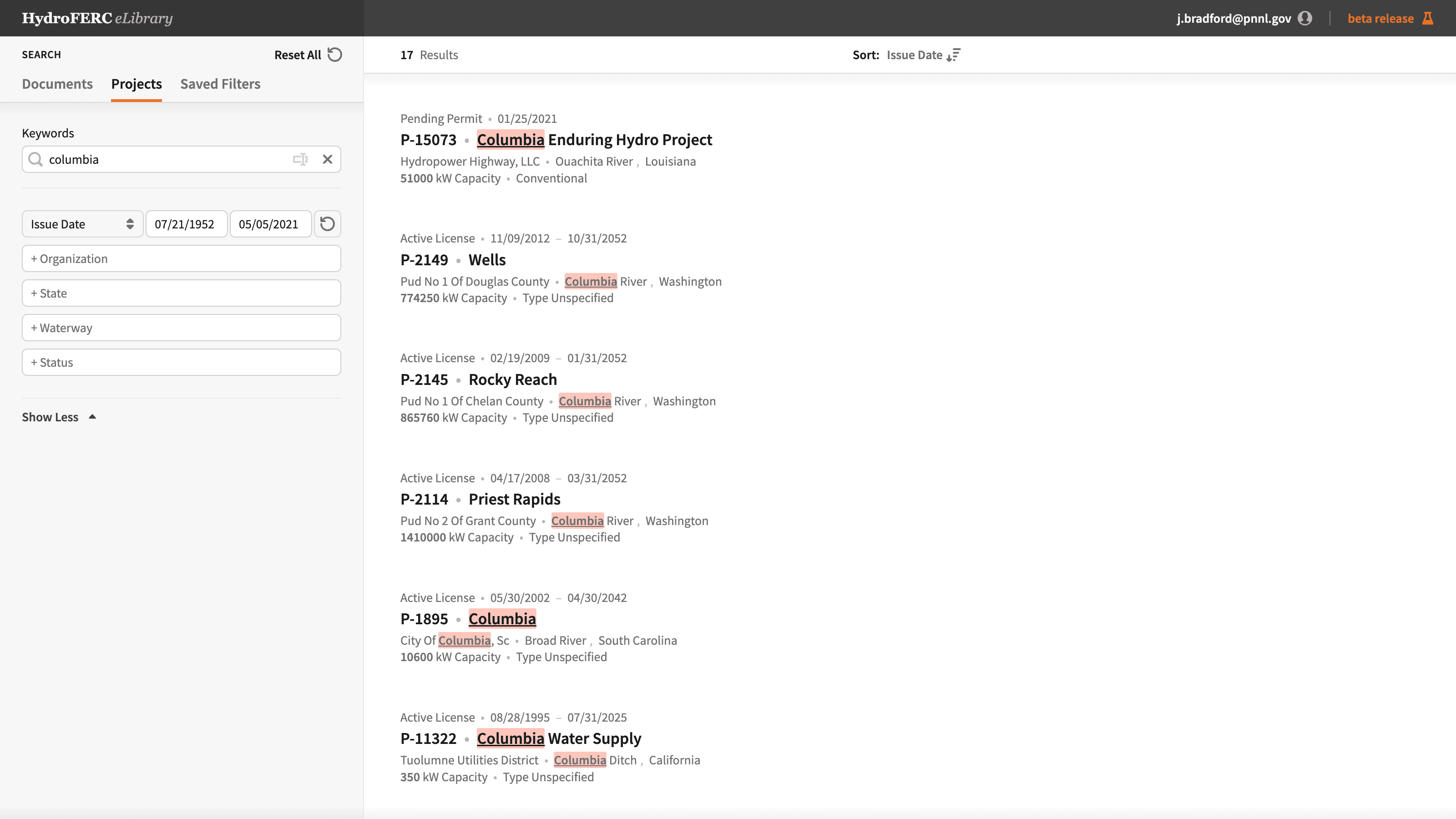 A screenshot of the Iteration 2 Project Search Page