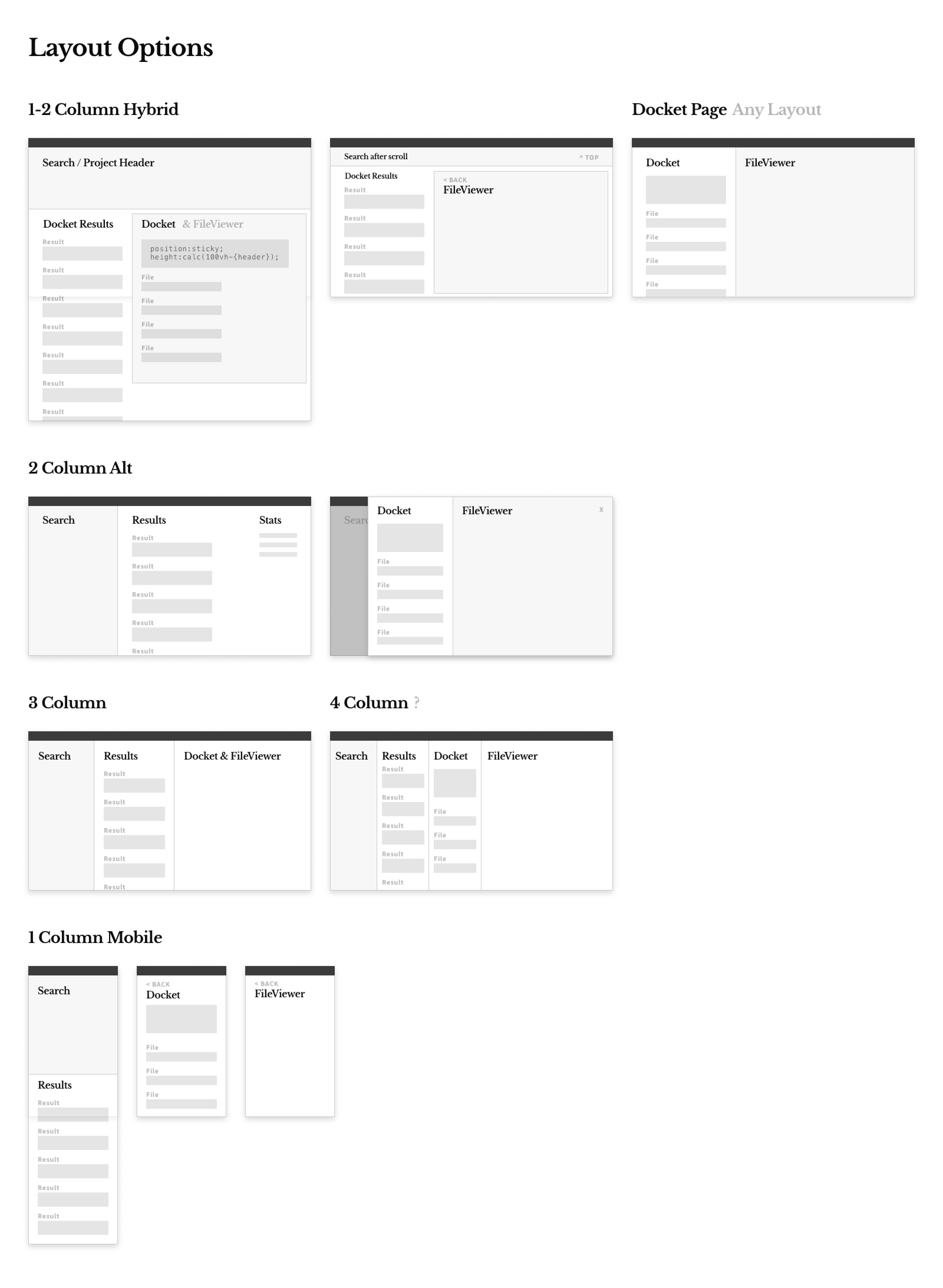 Several sets of low fedility mockup options